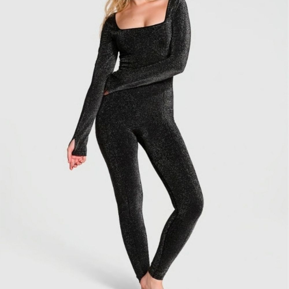 Victoria’s Secret PINK Sparkle Long-Sleeve Jumpsuit – Black Glitter – Size Small